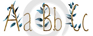 Font alphabet ABC is made of watercolor and gold leaf letters with a precious paper to cut the shape of the letters.