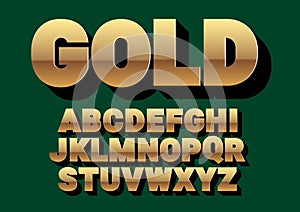 Font alphabet. Gold style, sanserif font with long shadow photo