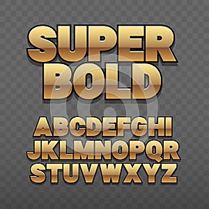 Font alphabet. Gold style, sanserif font with long shadow.