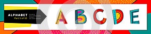 Font and alphabet. Vector stylized colorful ABC, D, E letters set. Typography design and illustration. Funky Font and