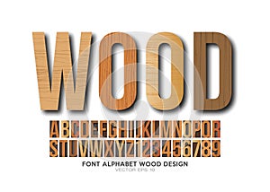 Font alphabet number Wood effect vector