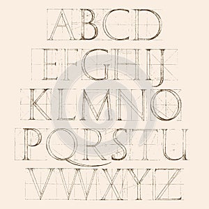 Font Antiqua. Hand drawn construction sketch