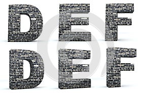 Font brick, alphabet build, letters D, E, F, 3d render, path save