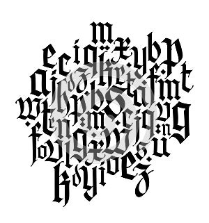 Font composition, medieval gothic. Vector. European modern gothic. Black letters on a white background. Lower case. Ornament for p