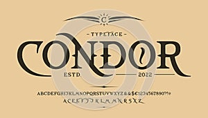 Font Condor. Vintage design. Old label, logo