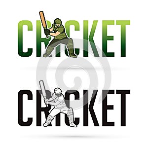 Font Cricket with Cricketer players action cartoon sport graphic