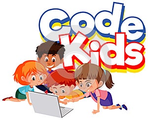 Font design for word code kids with children working on computer