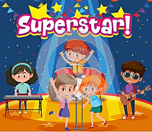 Font design for word superstar with kids on the stage