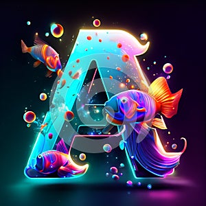 Font letter A with colorful fish and bubbles on a dark background. Generative AI