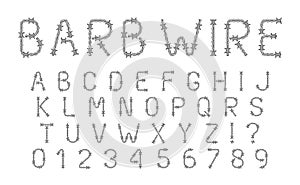 Font Out of Barb Wire in Thin Line Style. Latin Letters and Numbers