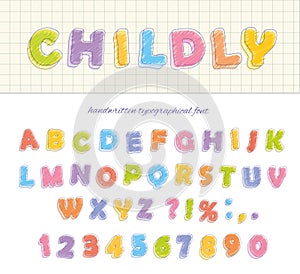 Font pencil crayon. Childly style. Handwritten. Isolated on white.