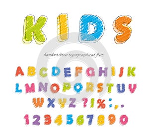 Font pencil crayon. For kids. Handwritten, scribble. Vector photo