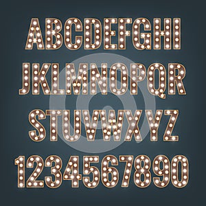Font. Typeface with light bulbs. Shiny letters and numbers