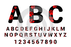 Font typography with animal paw prints. Alphabet with pet foot prints. Black calligraphy and numbers