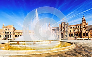 Fontain at Plaza de Espana in sunny day. Seville