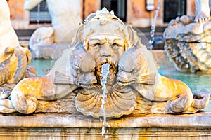 Fontana del Moro, or Moor Fountain, on Piazza Navona, Rome, Italy. Detailed view of sculptures