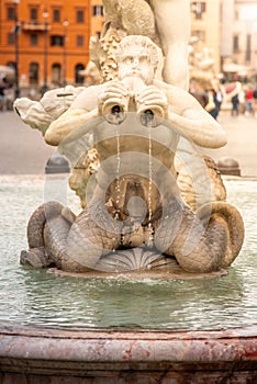 Fontana del Moro, or Moor Fountain, on Piazza Navona, Rome, Italy. Detailed view of sculptures
