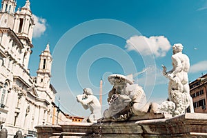 Fontana del Moro and Sant`Agnese in Agone church at Piazza Navona, Rome, Italy