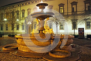 Fontana del Piermarini, 18th-century neoclassical style fountain, night view, Milan, Italy