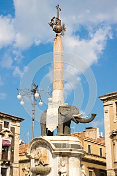 The Fontana dell`Elefante elephant`s fountain symbol of Catania, Italy, assembled in 1736 photo