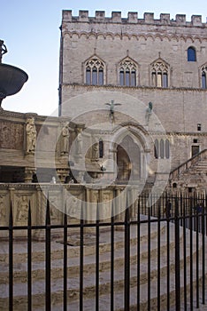 Fontana Maggiore in Perugia city, facing Palazzo dei Priori historic building