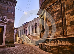 The Fontanone Visconteo at nightfall. View from Piazza del Duomo. Citta Alta, Bergamo, Lombardy, Italy photo