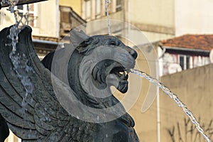 Fonte dos LeÃµes Lions` fountain. Lion statue with wings expelling water from the mouth