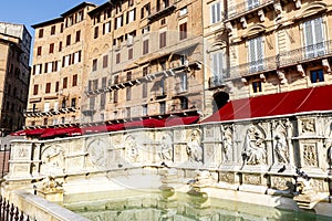 Fonte Gaia fountain situated at the very heart of the city in Piazza del Campo in Siena, Tuscany, Italy