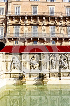 Fonte Gaia fountain situated at the very heart of the city in Piazza del Campo in Siena, Tuscany, Italy