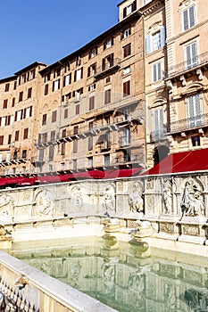 Fonte Gaia fountain situated at the very heart of the city in Piazza del Campo in Siena, Tuscany, Italy