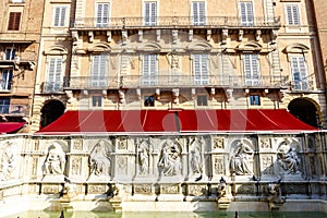 Fonte Gaia fountain situated at the very heart of the city in Piazza del Campo in Siena, Tuscany, Italy