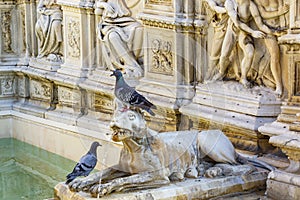 Fonte Gaia fountain situated at the very heart of the city in Piazza del Campo in Siena, Tuscany, Italy