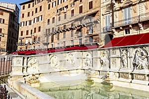 Fonte Gaia fountain situated at the very heart of the city in Piazza del Campo in Siena, Tuscany, Italy