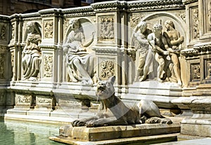 Fonte Gaia is monumental fountain in Piazza del Campo in Siena. Tuscany, Italy