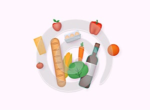 Food 3d icon. Shopping grocery. Vegetables, bread, dairy products, vine, meat and eggs. 3D Web Vector Illustrations