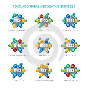 Food additives vector signs with associative molecular structures set