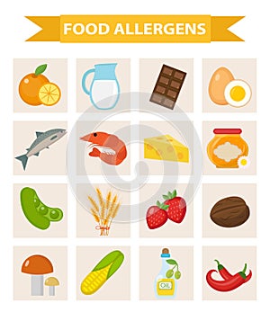 Food allergen icon set flat style. Allergy products, meal allergies. Isolated on white background. Vector illustration.