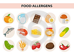 Food allergen icon set flat style. Allergy products, meal allergies. Isolated on white background. Vector illustration