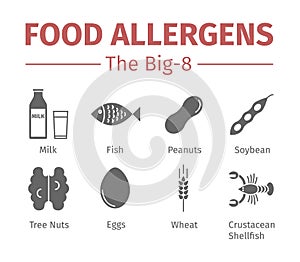 Food allergens flat icons. A group of the eight major allergenic foods is often referred to as the Big-8.