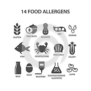 Food allergens icon set. Black isolated 14 food allergens with text names vector set.