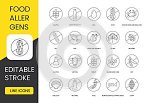 Food allergens line icon set in vector, editable stroke, dairy products and gluten, egg and nuts, soy and crustaceans