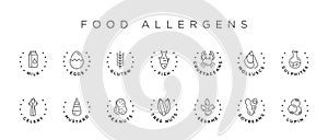 Food allergens vector icons set