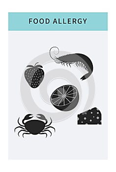 Food allergy icons set. Cartoon isolated food allergen products like fish, cheese and fruit. Allergy risk factor banner, infograph