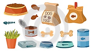 Food for animals. Food, bowl, canned food, fish sticks, meat cookies, grass for cats.