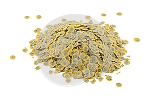 Food for aquarium fish isolated on a white background. A pile of flake to feed tropical aquarium fish. Flake fish food