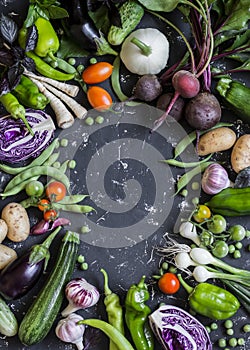 Food background. Assortment of fresh garden vegetables. Top view