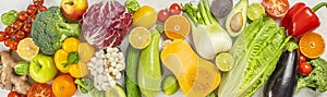 food background with assortment of fresh organic fruits. Long banner format. top view