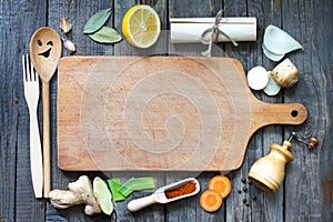 Food background concept with recipe and retro empty cutting board