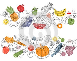 Food background. Cook kitchen patterns, heathy art lunch or chef menu, restaurant recipe border. Fruit and vegetables