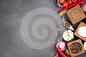 Food background with copy space - variety of seasonings, herbs, spices in wooden bowls and vegetables over gray background